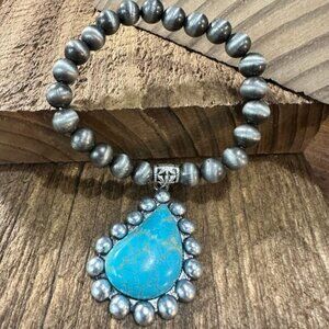 Navajo Turquoise Beaded Stretch Bracelet with Charm, Native American, Ships in